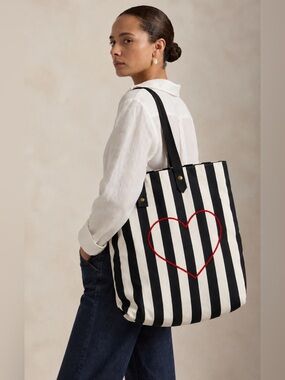 Black & White Striped Canvas Tote Bag Red Heart Leather Handles Large Shopper